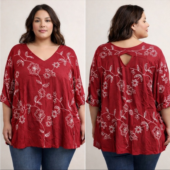 Catherines Tops - Catherines Red with White Floral Embroidery V-Neck Blouse
